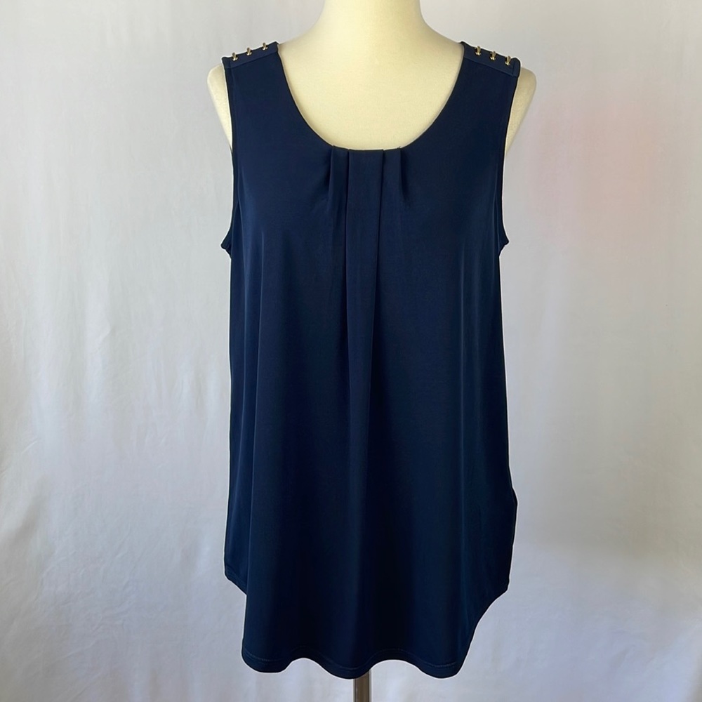 Ellen Tracy Navy Blue Pleated Sleeveless Blouse w/Gold Shoulder Hardware -Medium